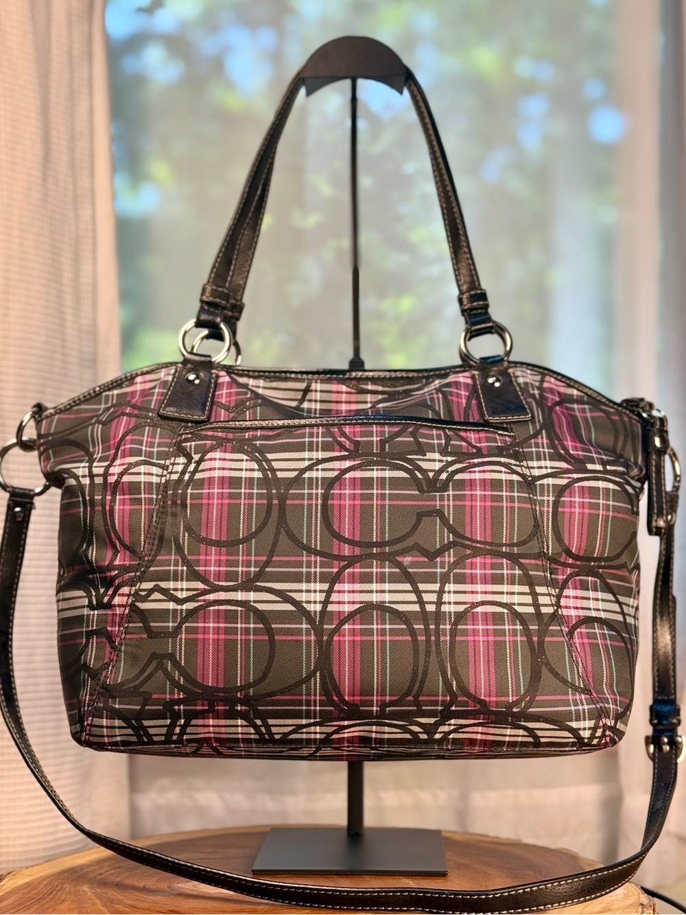Coach Poppy Glitter Tartan Plaid Satchel Pink Black F18220 EUC - Picture 4 of 13